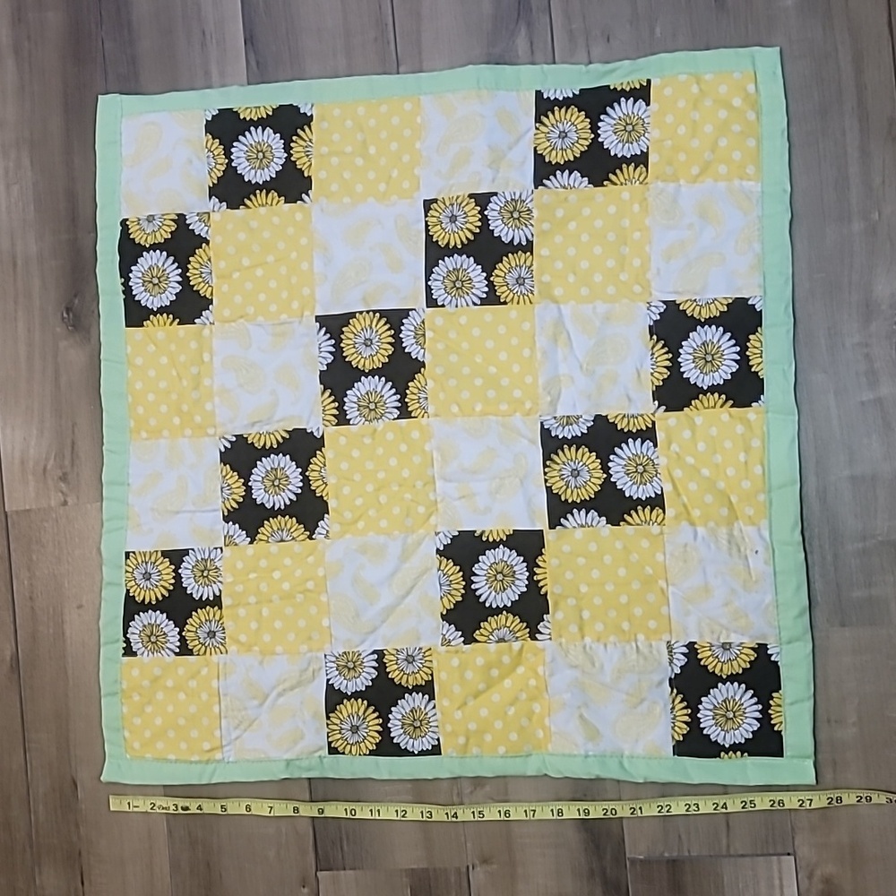 Baby blanket handmade floral polka dots paisley blk white yellow green quilt